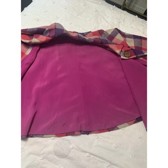 Vintage Plaid Pink Purple Wool Blend One Size Big Buttons Poncho Cape Holidays - Picture 6 of 8